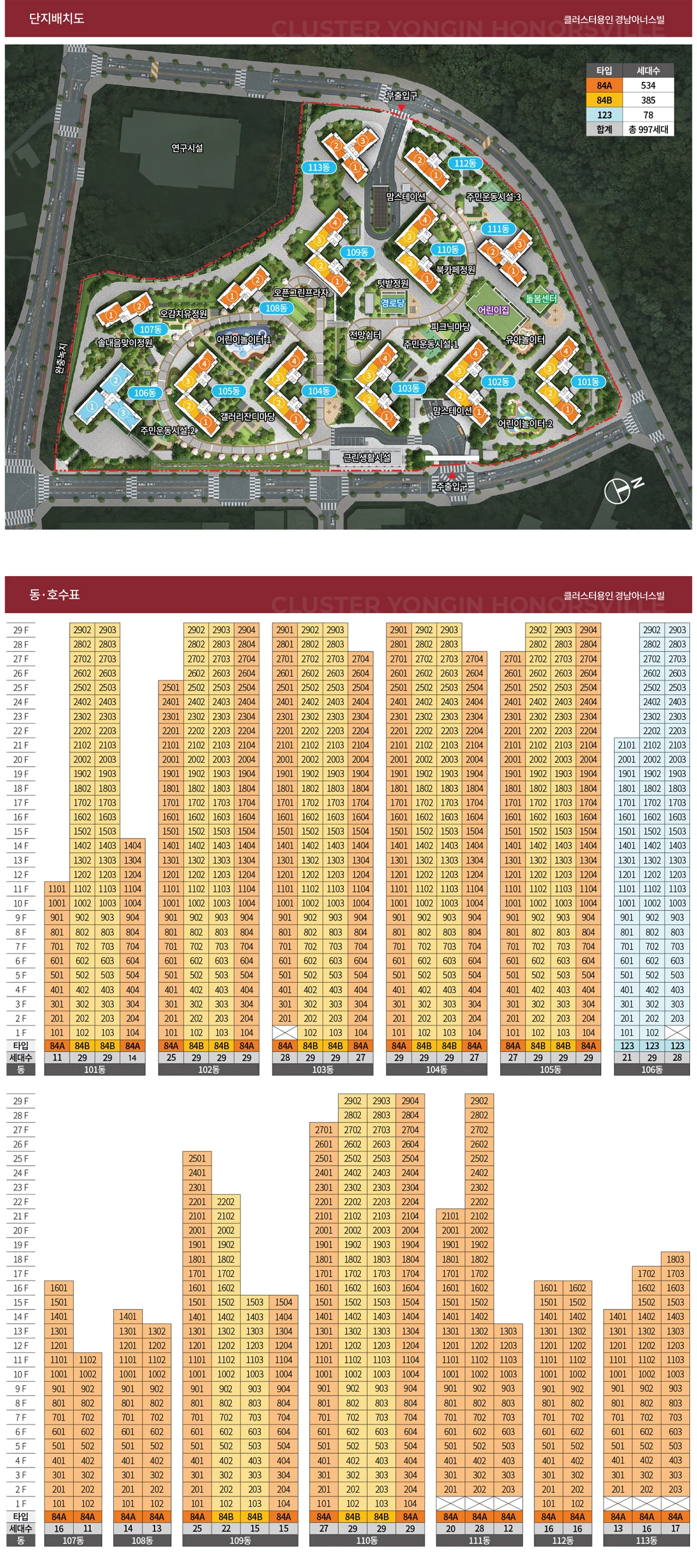 클러스터용인 경남아너스빌 단지배치도와 동호수표
